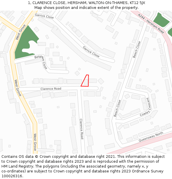 1, CLARENCE CLOSE, HERSHAM, WALTON-ON-THAMES, KT12 5JX: Location map and indicative extent of plot