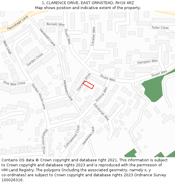 1, CLARENCE DRIVE, EAST GRINSTEAD, RH19 4RZ: Location map and indicative extent of plot