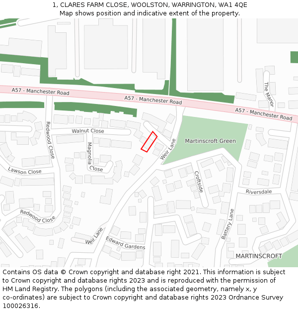 1, CLARES FARM CLOSE, WOOLSTON, WARRINGTON, WA1 4QE: Location map and indicative extent of plot