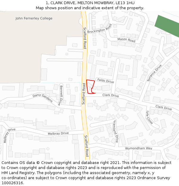 1, CLARK DRIVE, MELTON MOWBRAY, LE13 1HU: Location map and indicative extent of plot