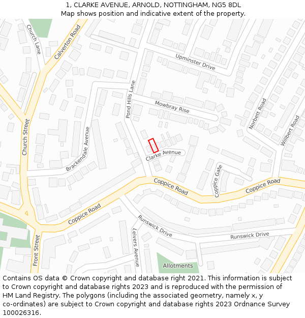 1, CLARKE AVENUE, ARNOLD, NOTTINGHAM, NG5 8DL: Location map and indicative extent of plot