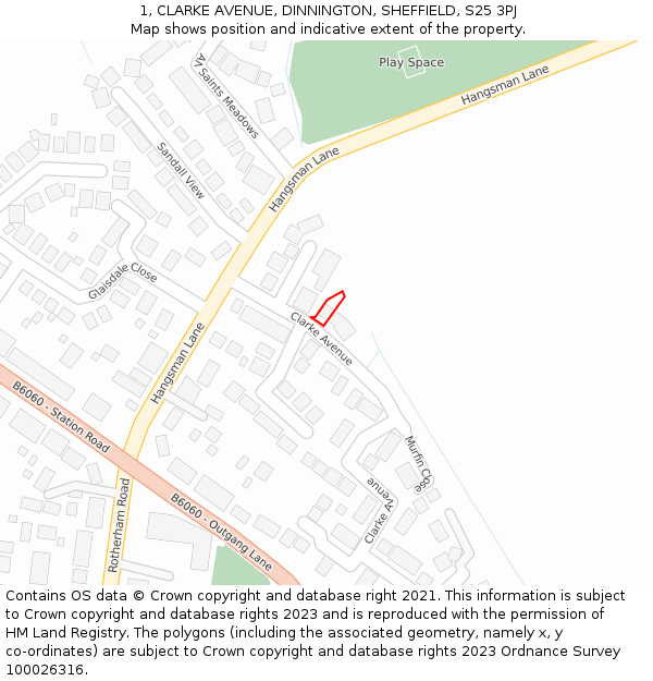 1, CLARKE AVENUE, DINNINGTON, SHEFFIELD, S25 3PJ: Location map and indicative extent of plot