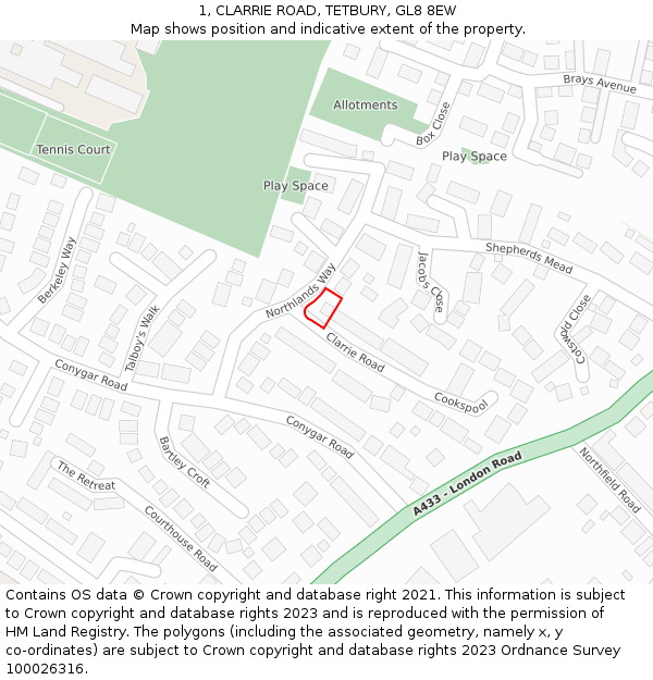 1, CLARRIE ROAD, TETBURY, GL8 8EW: Location map and indicative extent of plot