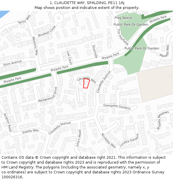 1, CLAUDETTE WAY, SPALDING, PE11 1AJ: Location map and indicative extent of plot