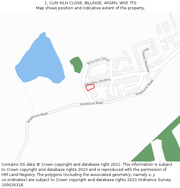1, CLAY KILN CLOSE, BILLINGE, WIGAN, WN5 7FS: Location map and indicative extent of plot