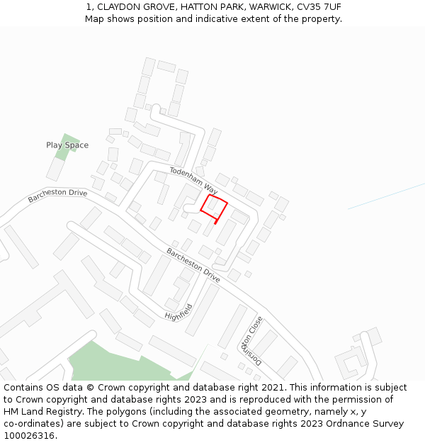 1, CLAYDON GROVE, HATTON PARK, WARWICK, CV35 7UF: Location map and indicative extent of plot