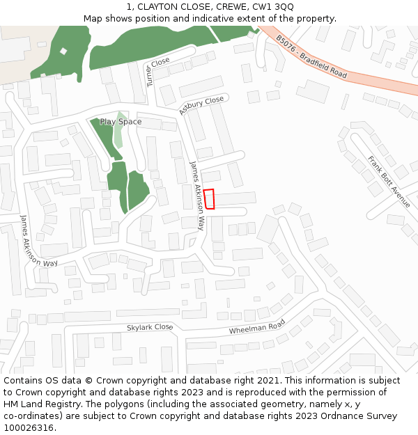 1, CLAYTON CLOSE, CREWE, CW1 3QQ: Location map and indicative extent of plot