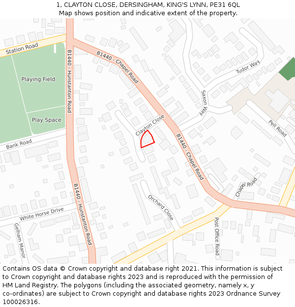 1, CLAYTON CLOSE, DERSINGHAM, KING'S LYNN, PE31 6QL: Location map and indicative extent of plot