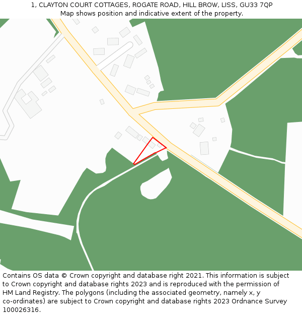 1, CLAYTON COURT COTTAGES, ROGATE ROAD, HILL BROW, LISS, GU33 7QP: Location map and indicative extent of plot