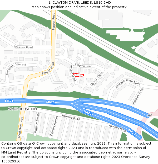 1, CLAYTON DRIVE, LEEDS, LS10 2HD: Location map and indicative extent of plot