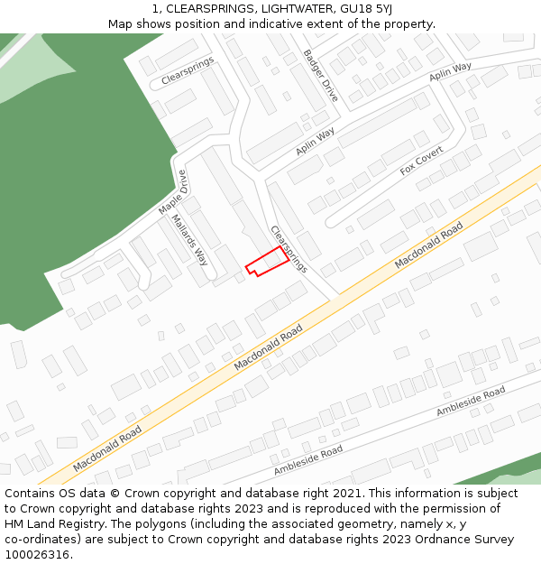 1, CLEARSPRINGS, LIGHTWATER, GU18 5YJ: Location map and indicative extent of plot