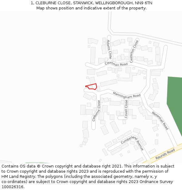 1, CLEBURNE CLOSE, STANWICK, WELLINGBOROUGH, NN9 6TN: Location map and indicative extent of plot