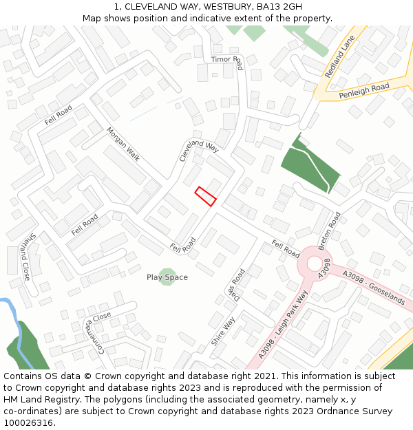 1, CLEVELAND WAY, WESTBURY, BA13 2GH: Location map and indicative extent of plot