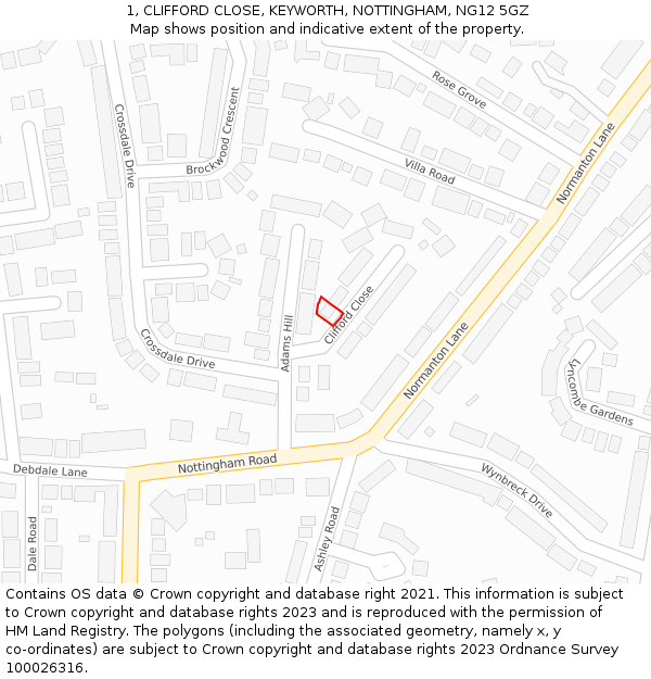 1, CLIFFORD CLOSE, KEYWORTH, NOTTINGHAM, NG12 5GZ: Location map and indicative extent of plot