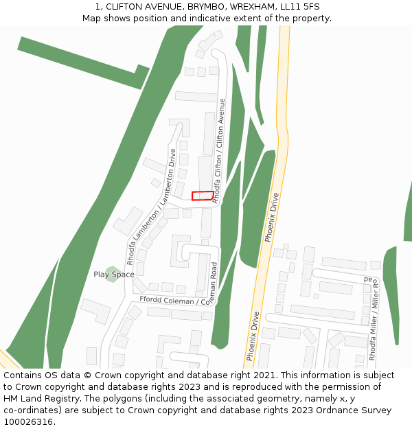 1, CLIFTON AVENUE, BRYMBO, WREXHAM, LL11 5FS: Location map and indicative extent of plot