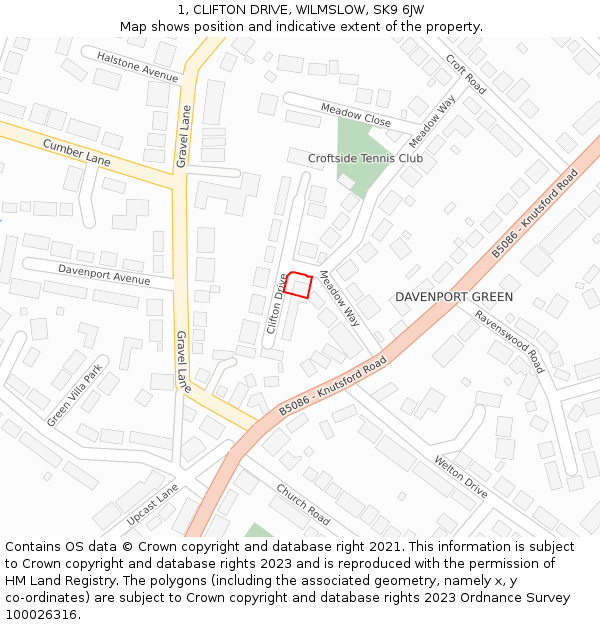 1, CLIFTON DRIVE, WILMSLOW, SK9 6JW: Location map and indicative extent of plot