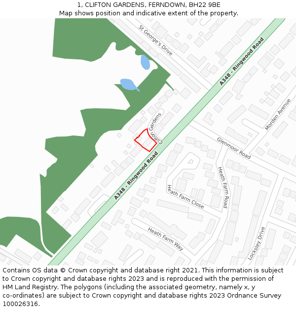 1, CLIFTON GARDENS, FERNDOWN, BH22 9BE: Location map and indicative extent of plot