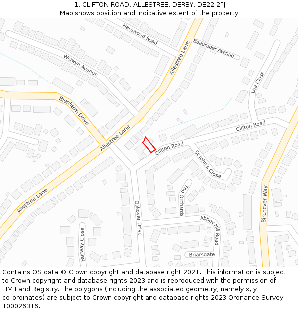 1, CLIFTON ROAD, ALLESTREE, DERBY, DE22 2PJ: Location map and indicative extent of plot