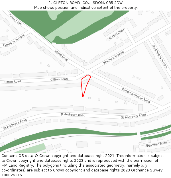 1, CLIFTON ROAD, COULSDON, CR5 2DW: Location map and indicative extent of plot