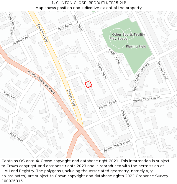 1, CLINTON CLOSE, REDRUTH, TR15 2LR: Location map and indicative extent of plot