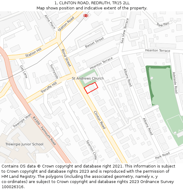 1, CLINTON ROAD, REDRUTH, TR15 2LL: Location map and indicative extent of plot