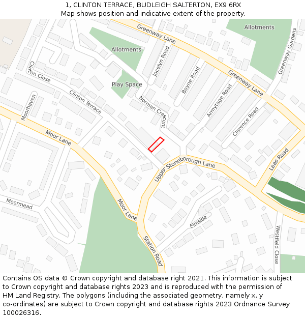 1, CLINTON TERRACE, BUDLEIGH SALTERTON, EX9 6RX: Location map and indicative extent of plot