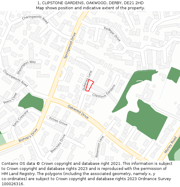 1, CLIPSTONE GARDENS, OAKWOOD, DERBY, DE21 2HD: Location map and indicative extent of plot