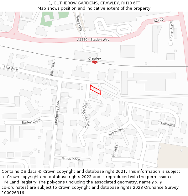 1, CLITHEROW GARDENS, CRAWLEY, RH10 6TT: Location map and indicative extent of plot