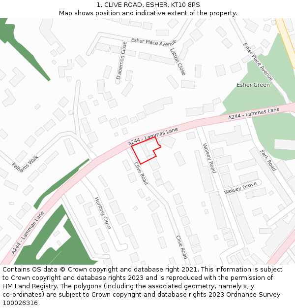 1, CLIVE ROAD, ESHER, KT10 8PS: Location map and indicative extent of plot