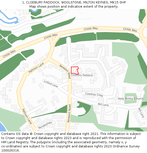 1, CLOEBURY PADDOCK, WOOLSTONE, MILTON KEYNES, MK15 0HP: Location map and indicative extent of plot