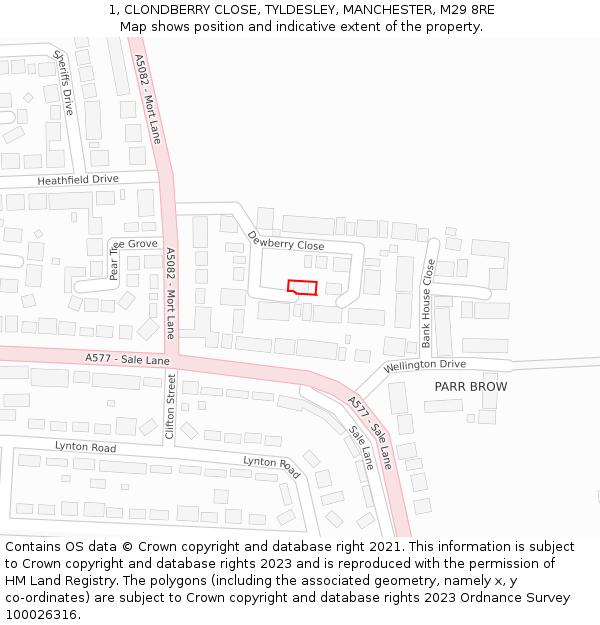 1, CLONDBERRY CLOSE, TYLDESLEY, MANCHESTER, M29 8RE: Location map and indicative extent of plot