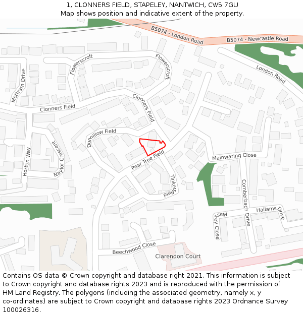 1, CLONNERS FIELD, STAPELEY, NANTWICH, CW5 7GU: Location map and indicative extent of plot