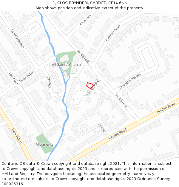 1, CLOS BRYNDERI, CARDIFF, CF14 6NN: Location map and indicative extent of plot