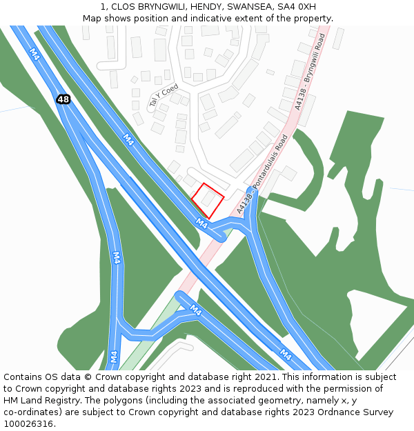 1, CLOS BRYNGWILI, HENDY, SWANSEA, SA4 0XH: Location map and indicative extent of plot