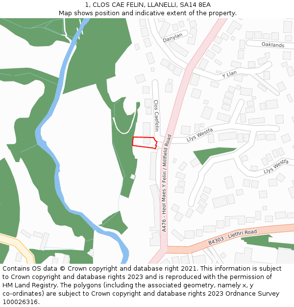 1, CLOS CAE FELIN, LLANELLI, SA14 8EA: Location map and indicative extent of plot