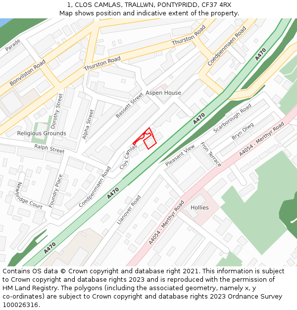 1, CLOS CAMLAS, TRALLWN, PONTYPRIDD, CF37 4RX: Location map and indicative extent of plot