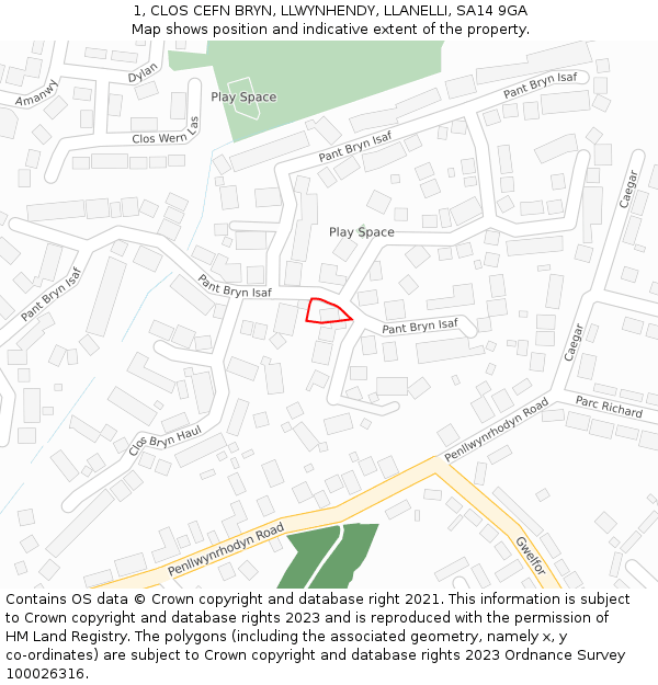 1, CLOS CEFN BRYN, LLWYNHENDY, LLANELLI, SA14 9GA: Location map and indicative extent of plot