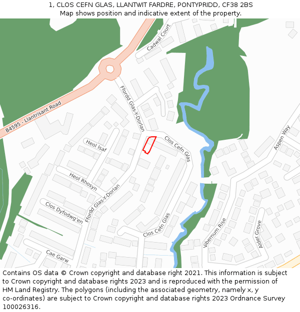 1, CLOS CEFN GLAS, LLANTWIT FARDRE, PONTYPRIDD, CF38 2BS: Location map and indicative extent of plot