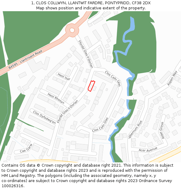 1, CLOS COLLWYN, LLANTWIT FARDRE, PONTYPRIDD, CF38 2DX: Location map and indicative extent of plot