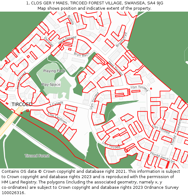 1, CLOS GER Y MAES, TIRCOED FOREST VILLAGE, SWANSEA, SA4 9JG: Location map and indicative extent of plot