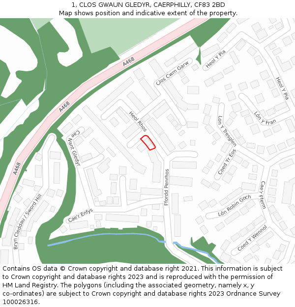 1, CLOS GWAUN GLEDYR, CAERPHILLY, CF83 2BD: Location map and indicative extent of plot