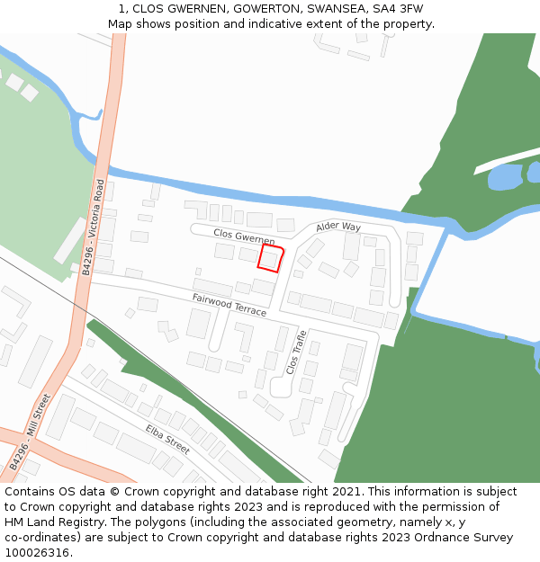 1, CLOS GWERNEN, GOWERTON, SWANSEA, SA4 3FW: Location map and indicative extent of plot