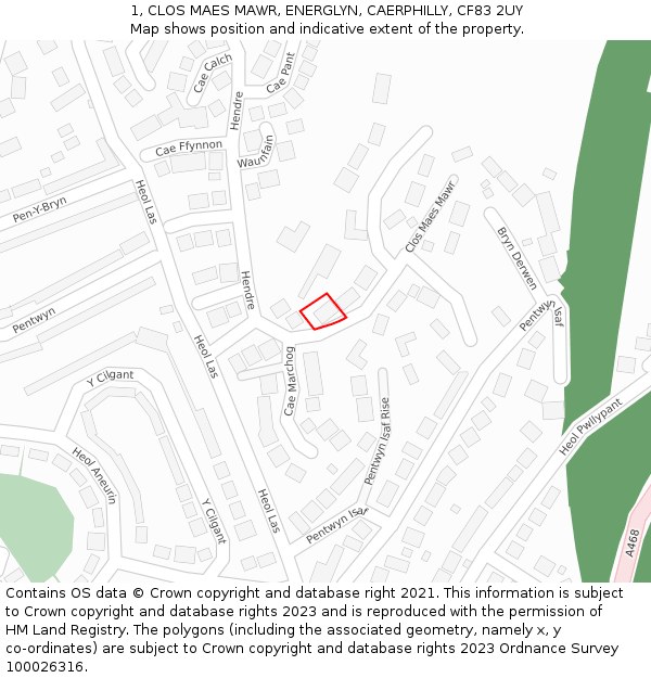 1, CLOS MAES MAWR, ENERGLYN, CAERPHILLY, CF83 2UY: Location map and indicative extent of plot