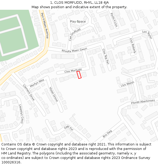 1, CLOS MORFUDD, RHYL, LL18 4JA: Location map and indicative extent of plot