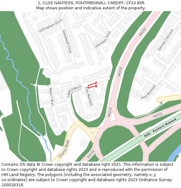 1, CLOS NANTEOS, PONTPRENNAU, CARDIFF, CF23 8XR: Location map and indicative extent of plot