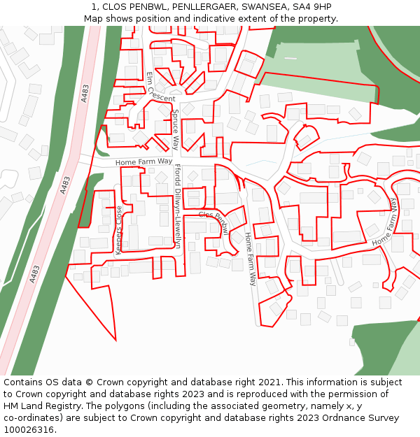 1, CLOS PENBWL, PENLLERGAER, SWANSEA, SA4 9HP: Location map and indicative extent of plot