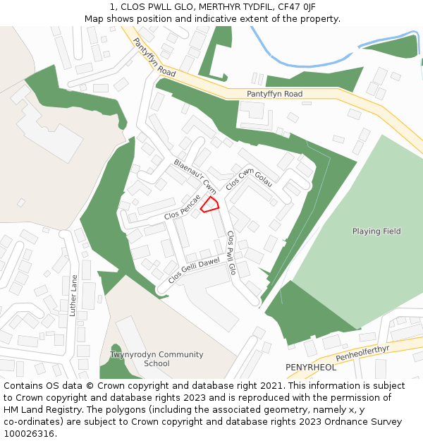 1, CLOS PWLL GLO, MERTHYR TYDFIL, CF47 0JF: Location map and indicative extent of plot