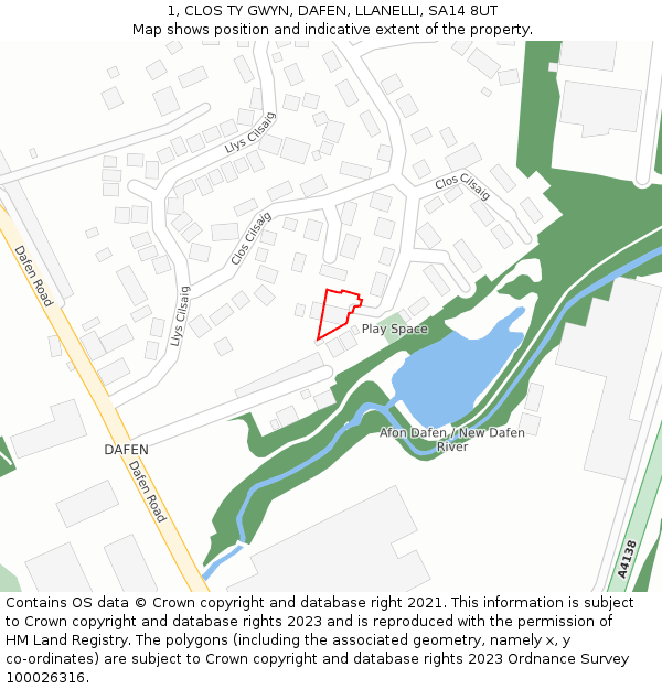 1, CLOS TY GWYN, DAFEN, LLANELLI, SA14 8UT: Location map and indicative extent of plot