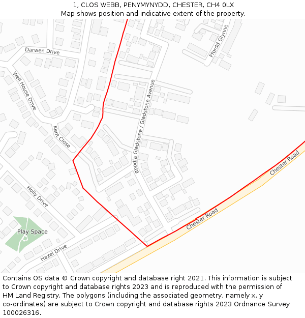 1, CLOS WEBB, PENYMYNYDD, CHESTER, CH4 0LX: Location map and indicative extent of plot