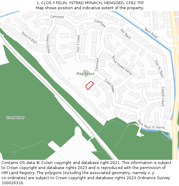 1, CLOS Y FELIN, YSTRAD MYNACH, HENGOED, CF82 7FP: Location map and indicative extent of plot